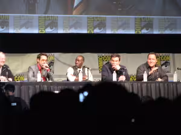 Kevin Feige, Robert Downey, Jr., Don Cheadle, Shane Black and Jon Favreau promoting the film Iron Man 3 at the 2012 San Diego Comic Con International.