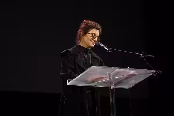 Miranda July, author, at the 2024 National Book Awards finalist reading in the NYU Skirball Center.