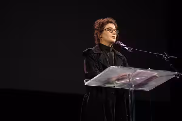 Miranda July, author, at the 2024 National Book Awards finalist reading in the NYU Skirball Center.