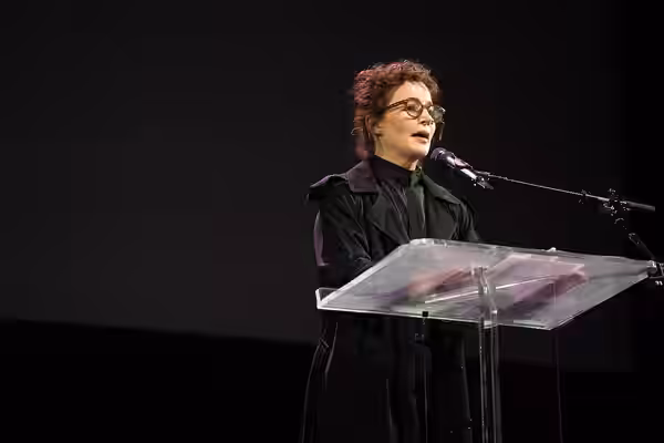 Miranda July, author, at the 2024 National Book Awards finalist reading in the NYU Skirball Center.