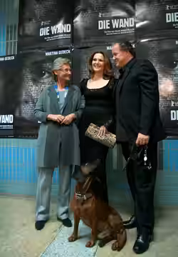 Martina Gedeck and Julian Pölsler with Claudia Schmied at the Austrian premiere of Die Wand (The Wall) at Gartenbaukino in Vienna, Austria. (2012)