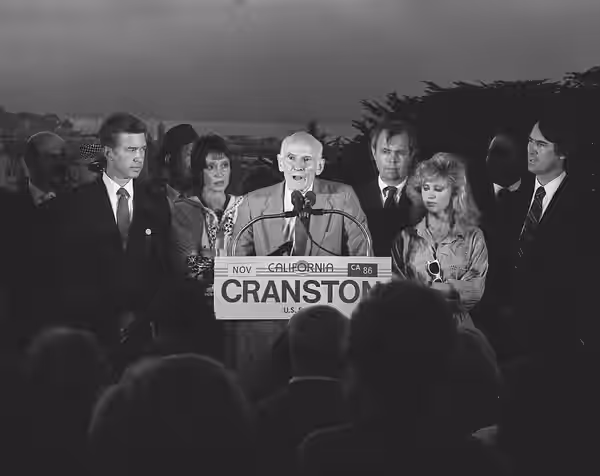 L-to-R: Gray Davis, Shelly Duvall, Alan Cranston, unidentified individual, Morgan Fairchild and another unidentified individual in San Francisco, Calif., 1986
