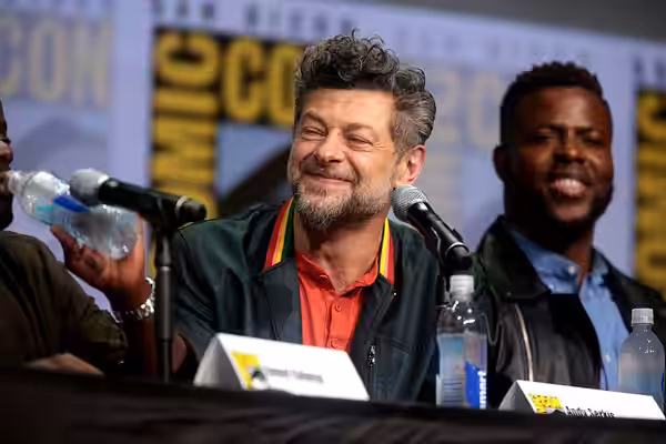 Andy Serkis and Winston Duke speaking at the 2017 San Diego Comic Con International, for "Black Panther", at the San Diego Convention Center in San Diego, Calif