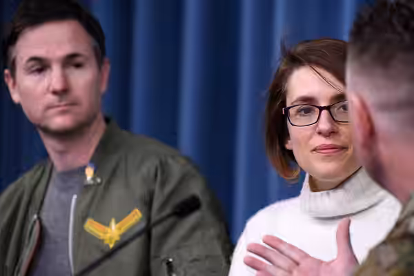 Anna Boden and Ryan Fleck, “Captain Marvel” co-directors, answer questions during a round table at the Pentagon, Arlington, Va., March 7, 2019. The media round 