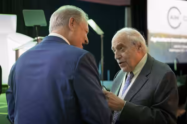 Former U.S. Secretary of Agriculture Dan Glickman greets Former U.S. Vice President Al Gore during the AIM for Climate Summit in Washington, D.C. on Monday, May (2023)