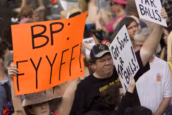 New Orleans. "BP Oil Flood Protest", Jackson Square. Protest against the great oil spill disaster in the Gulf of Mexico. (2010)