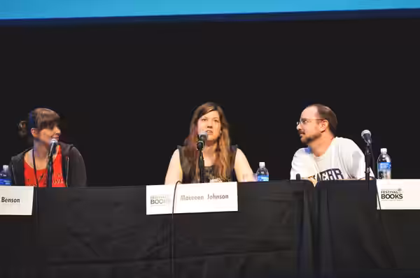 American authors Amber Benson, Maureen Johnson, and John Scalzi on a panel at LA Times Festival of Books 2012.