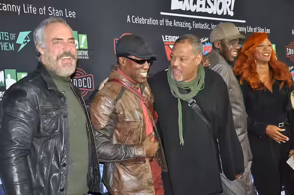 actors Titus Welliver, Wesley Snipes, Laurence Fishburne and Bill Duke, along with a guest, pose for a picture on the Red Carpet during “Excelsior! A Celebratio (2019)