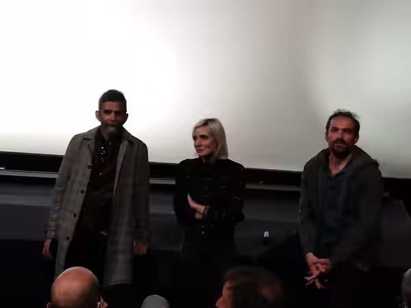 Vincent Paronnaud, Lucie Debay et Arieh Worthalter présentant le film "Hunted" (Vincent Paronnaud, 2021) au Majestic Bastille en novembre 2021.