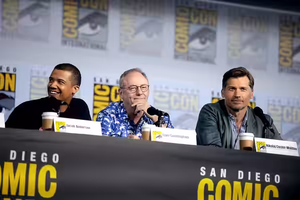 Jacob Anderson, Liam Cunningham and Nikolaj Coster-Waldau speaking at the 2019 San Diego Comic Con International, for "Game of Thrones", at the San Diego Conven