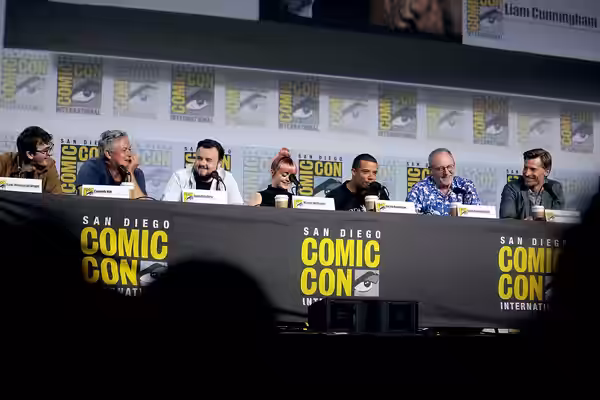 Isaac Hempstead Wright, Conleth Hill, John Bradley, Maisie Williams, Jacob Anderson, Liam Cunningham and Nikolaj Coster-Waldau speaking at the 2019 San Diego Co