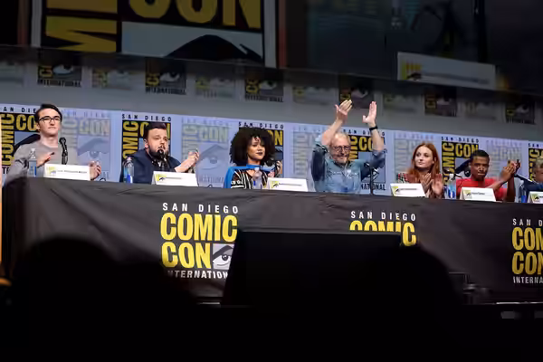 Isaac Hempstead Wright, John Bradley, Nathalie Emmanuel, Liam Cunningham, Sophie Turner and Jacob Anderson speaking at the 2017 San Diego Comic Con Internationa