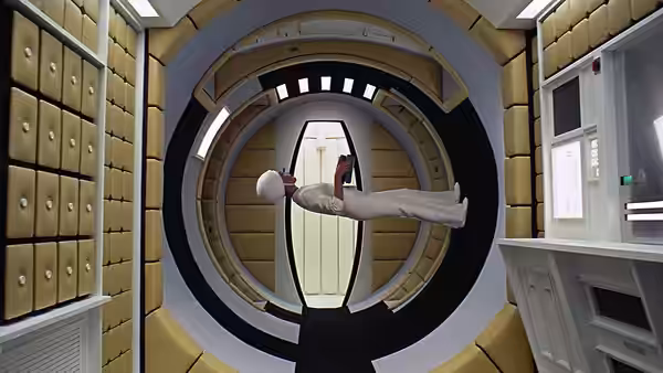An astronaut floating in zero gravity through the rotating section of a space station
