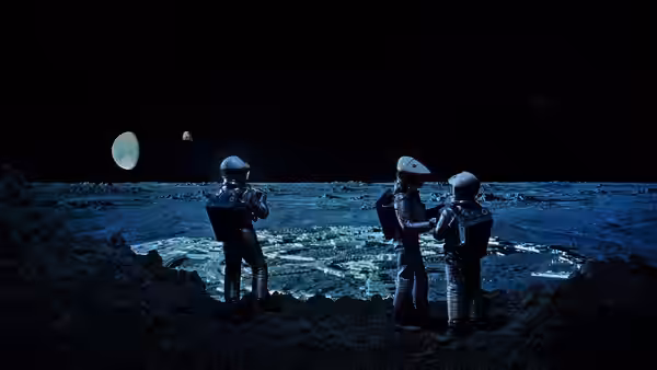 Three astronauts on the lunar surface looking down at a bright object