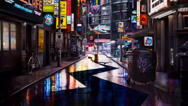 Detective Pikachu walks along a rain-slicked, neon-lit city street