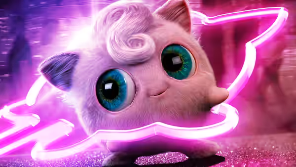 Jigglypuff poses beneath glowing pink neon lights