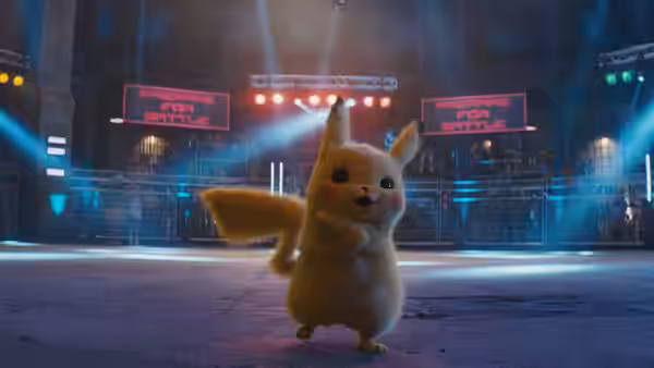 Detective Pikachu dances alone in a brightly lit underground battle arena