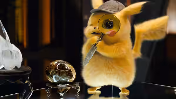Detective Pikachu examines a glass orb through a magnifying lens in Howard Clifford's office