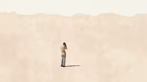 A man stands with his back to the camera in a vast empty landscape