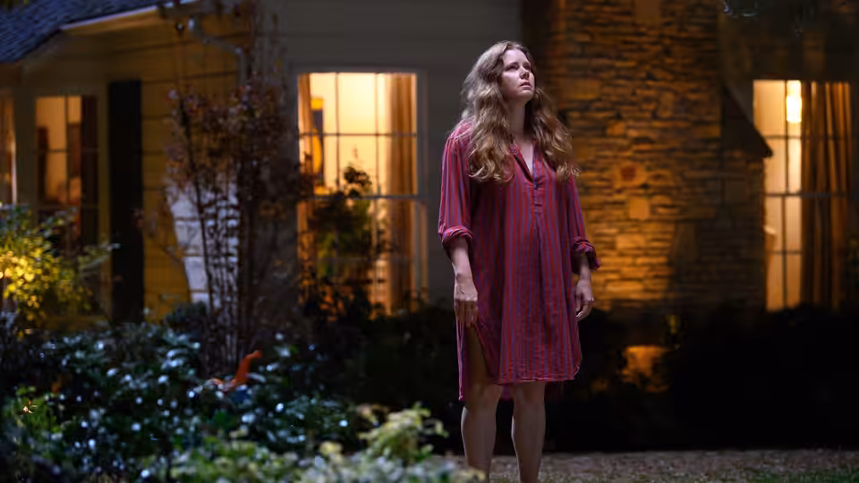 Amy Adams as Mother standing outside a house at night looking upwards