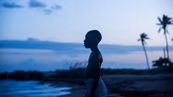 A young boy standing on the beach at twilight