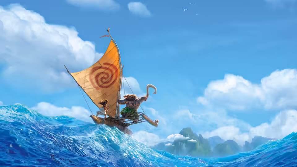 Maui (Dwayne Johnson) sailing a small boat with a spiral sail on the ocean
