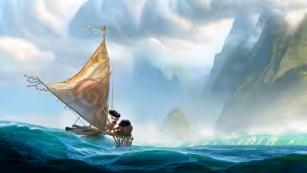 Maui (Dwayne Johnson) guiding his canoe toward misty green mountains at sea