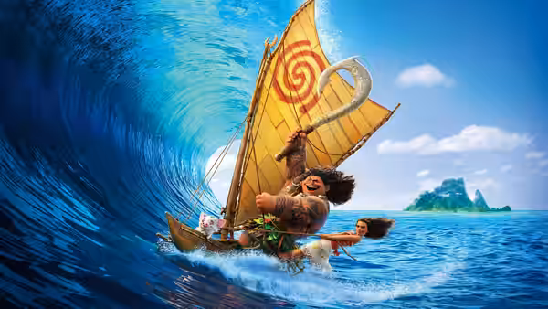 Maui (Dwayne Johnson) steering his boat through a curling blue wave