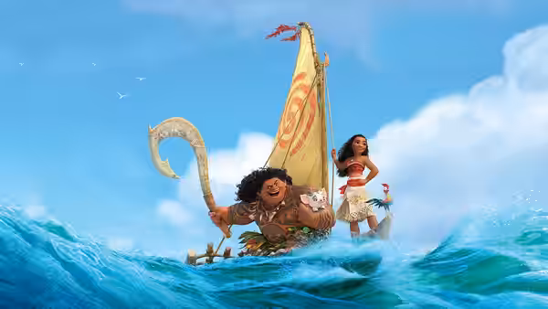 Maui (Dwayne Johnson) and Moana (Auliʻi Cravalho) sailing together on open water