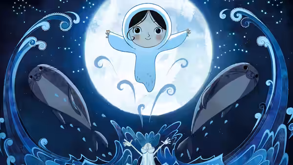 A girl with arms outstretched before a full moon and two seals
