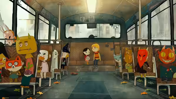 Two children standing in the aisle of a bus filled with creatures