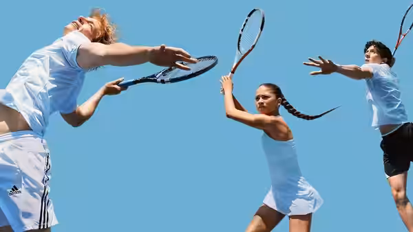Tashi (Zendaya), Art (Mike Faist) and Patrick (Josh O'Connor) playing tennis under blue sky