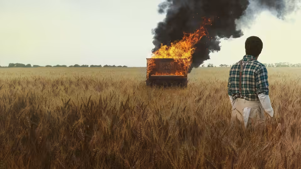 A man watches a burning vehicle from a wheat field