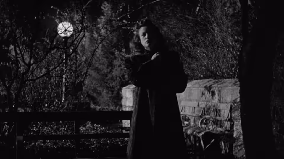 Irena Dubrovna stands by a window at night, with a moonlit garden behind her