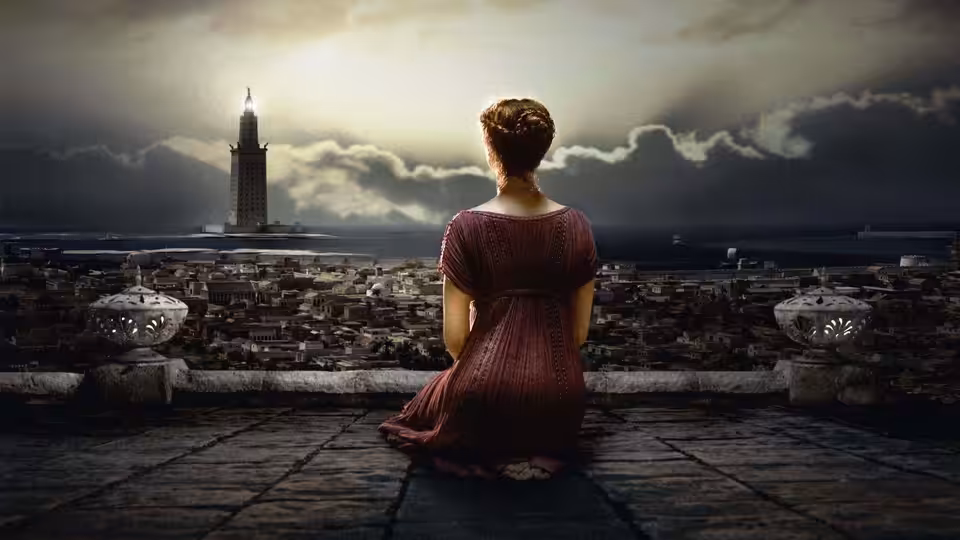 A woman in a red dress sits on a terrace overlooking the city and lighthouse