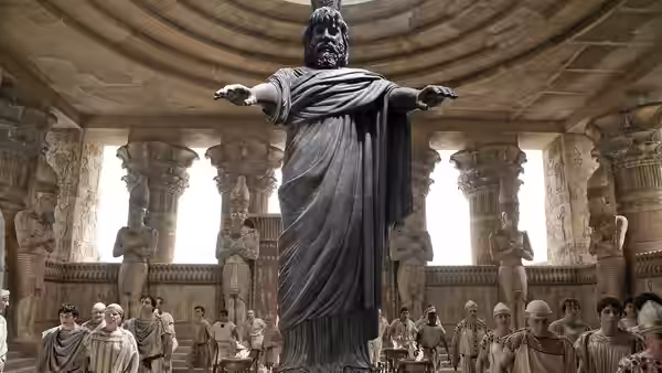A massive statue of a bearded man stands with arms outstretched in a temple