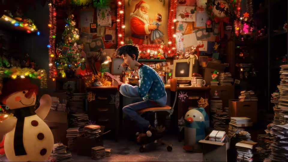 Arthur sits among Christmas decorations and towering stacks of letters, writing at his desk