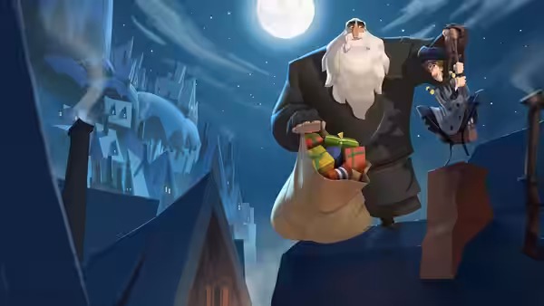 Klaus and Jesper delivering presents on a moonlit rooftop at night