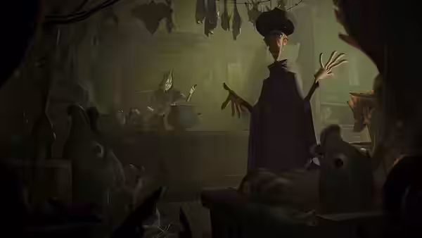 A tall man gestures in a cluttered dim room filled with fish