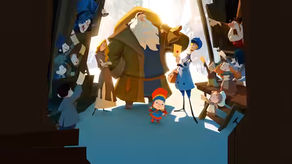 Klaus and Alva surrounded by children inside a bright post office