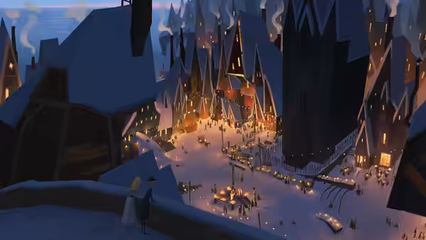 Two figures stand overlooking a glowing snowy village at dusk