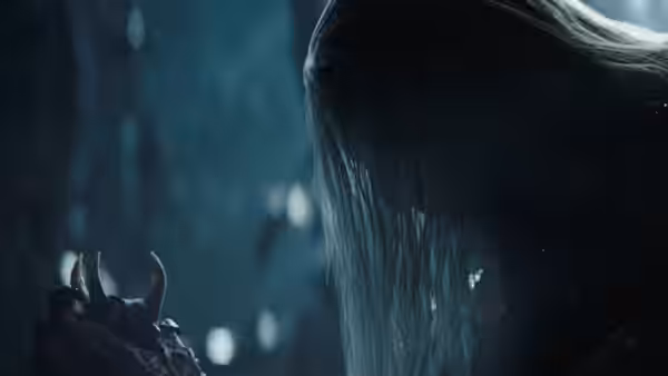 Long-haired figure examines a horned clawed hand in blue mist