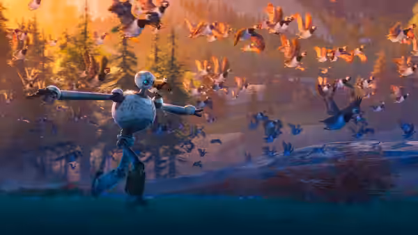 Roz (Lupita Nyong'o) with arms outstretched amid a flock of flying birds
