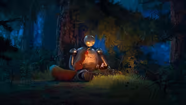 Roz (Lupita Nyong'o) sitting in a dark forest with a fox on its lap