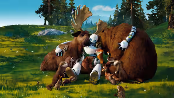 Roz (Lupita Nyong'o) lying on the grass embraced by a bear and other animals