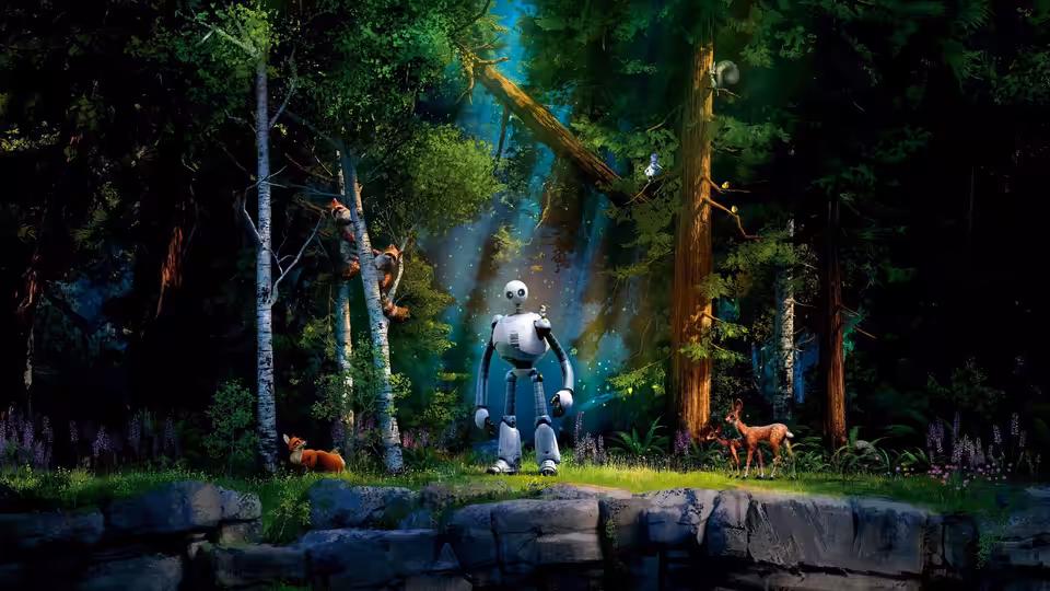 Roz (Lupita Nyong'o) standing in a sunlit forest clearing with animals nearby