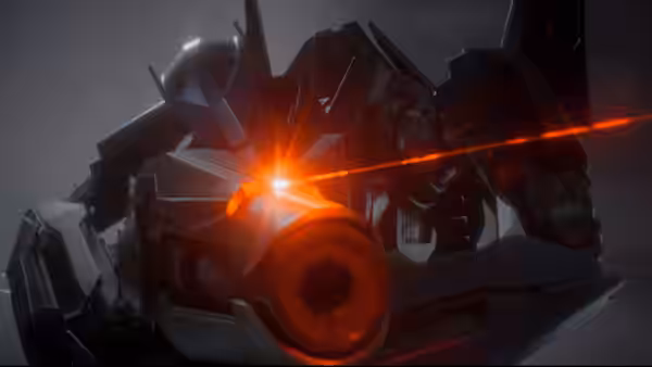A robot cannon fires a bright red laser beam in darkness
