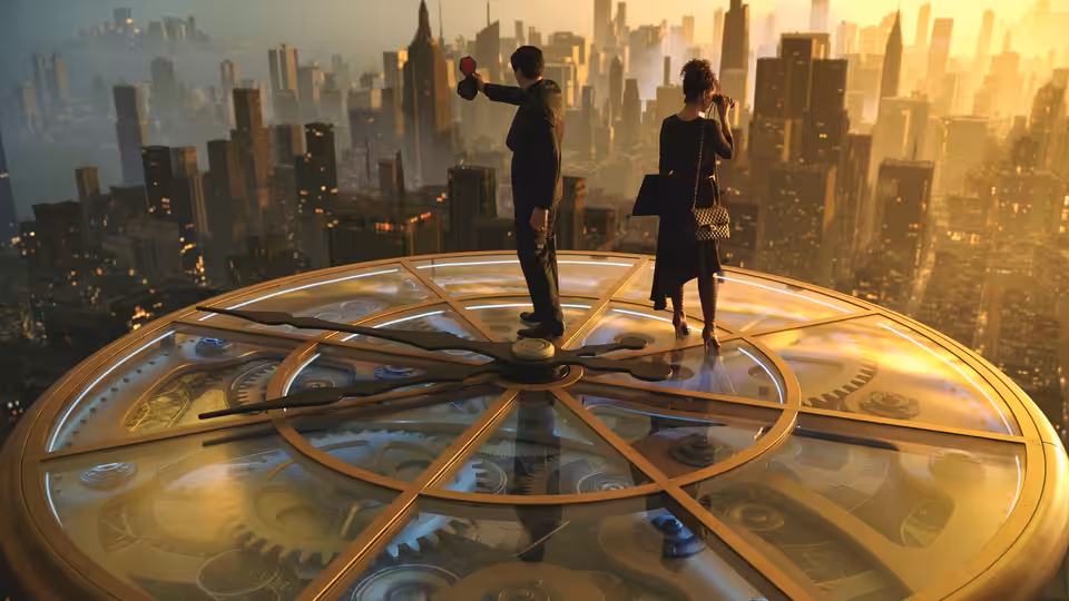 Man and woman stand on a giant clock face overlooking a glowing city