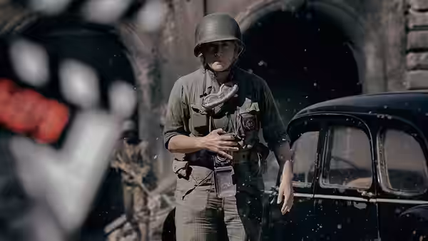 Soldier in helmet standing beside car in front of arched stone building