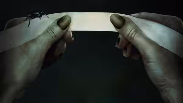 Hands holding a strip of paper with a beetle on one end